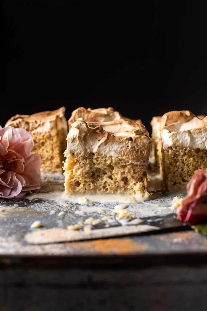 Dirty Horchata Tres Leches Cake | halfbakedharvest.com side angled photo of Dirty Horchata Tres Leches Cake square