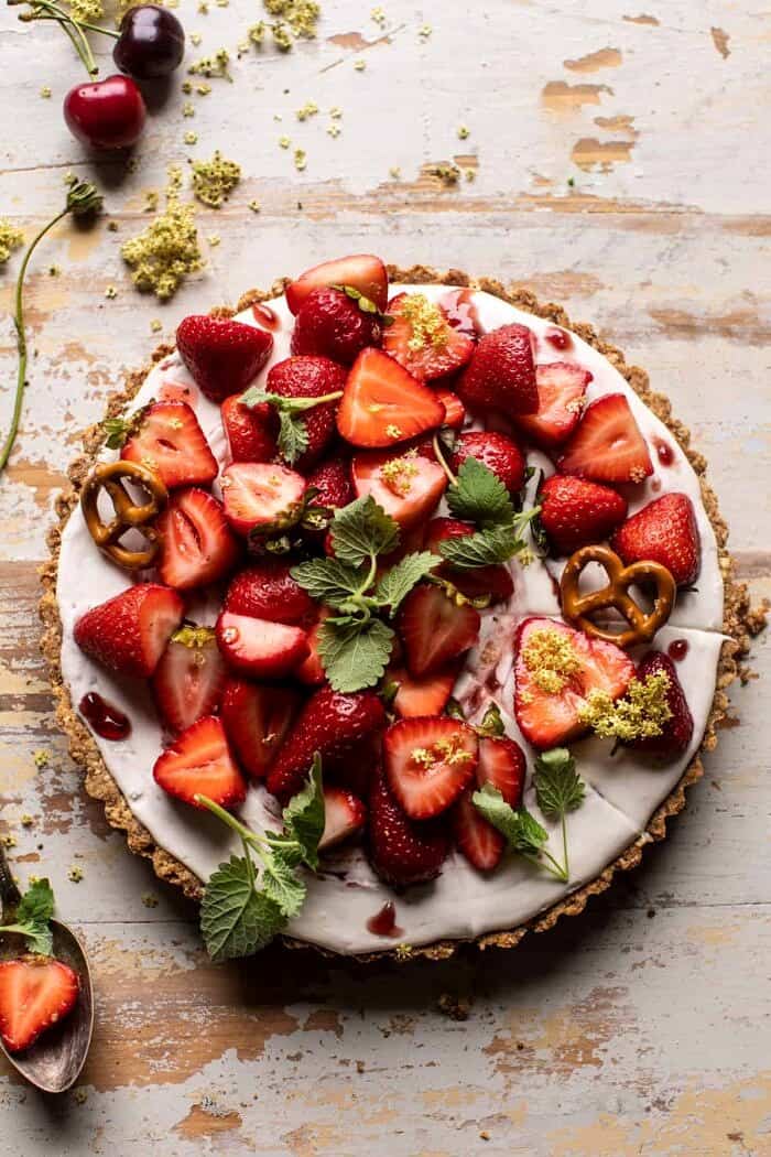 overhead photo of Double Strawberry Pretzel Pie