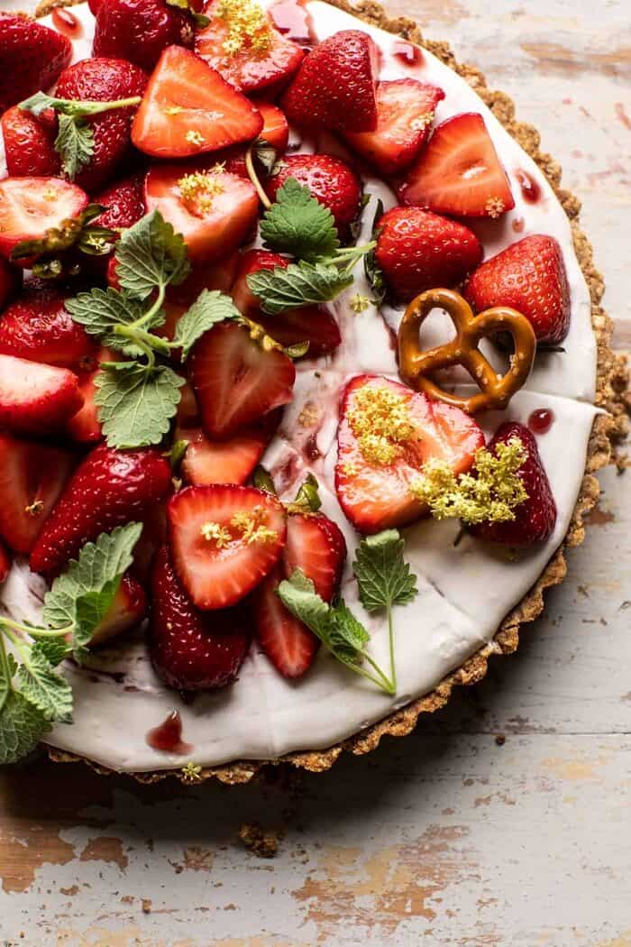 overhead photo of Double Strawberry Pretzel Pie 