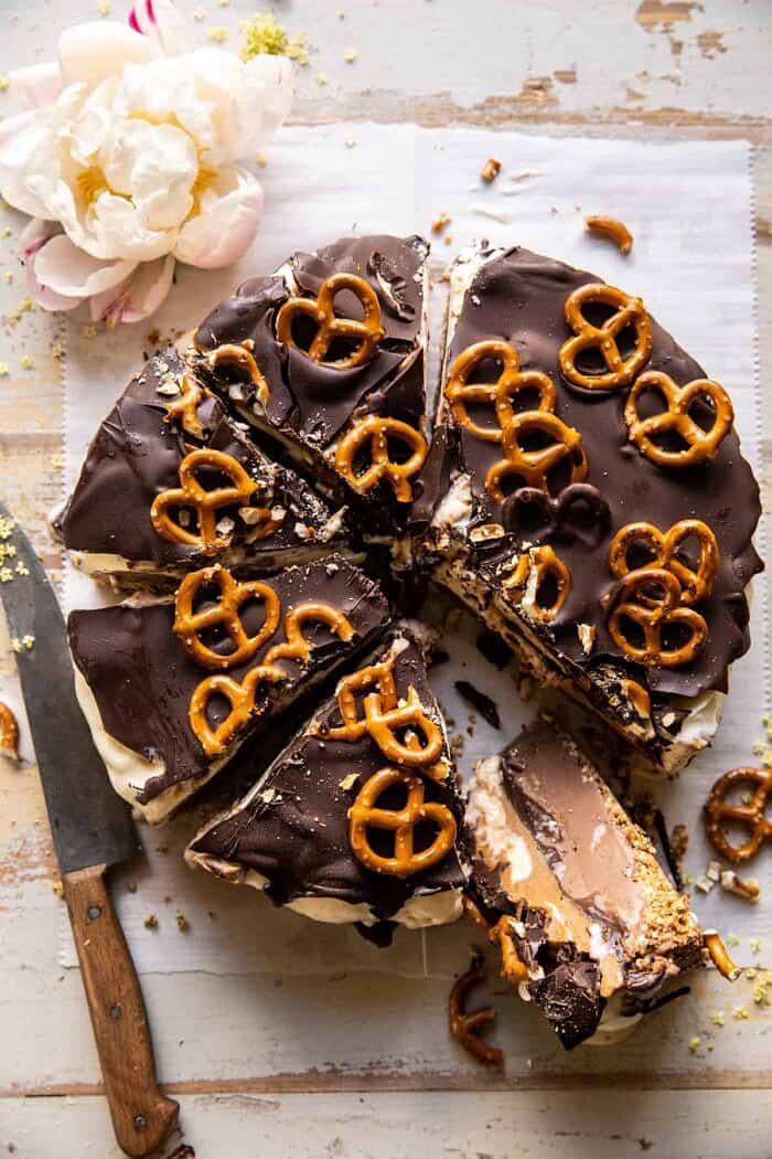 overhead photo of Fudgy Chocolate Peanut Butter Ice Cream Pretzel Cake