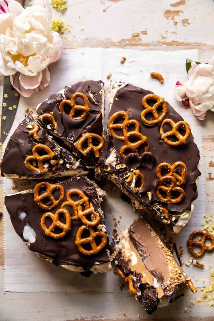 overhead photo of Fudgy Chocolate Peanut Butter Ice Cream Pretzel Cake