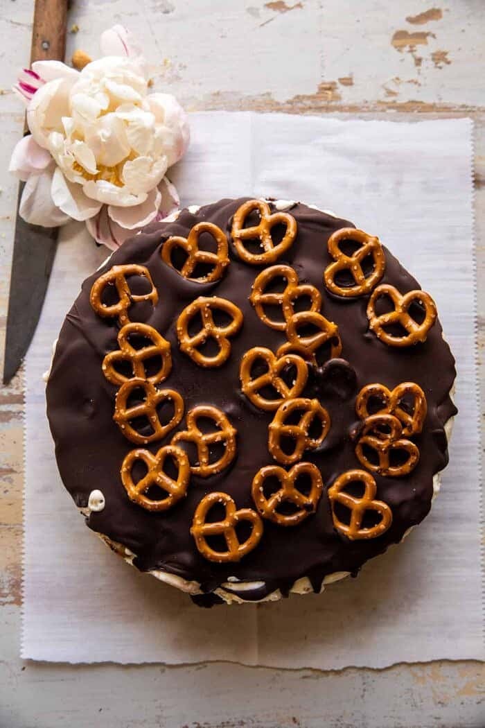 Fudgy Chocolate Peanut Butter Ice Cream Pretzel Cake | halfbakedharvest.com