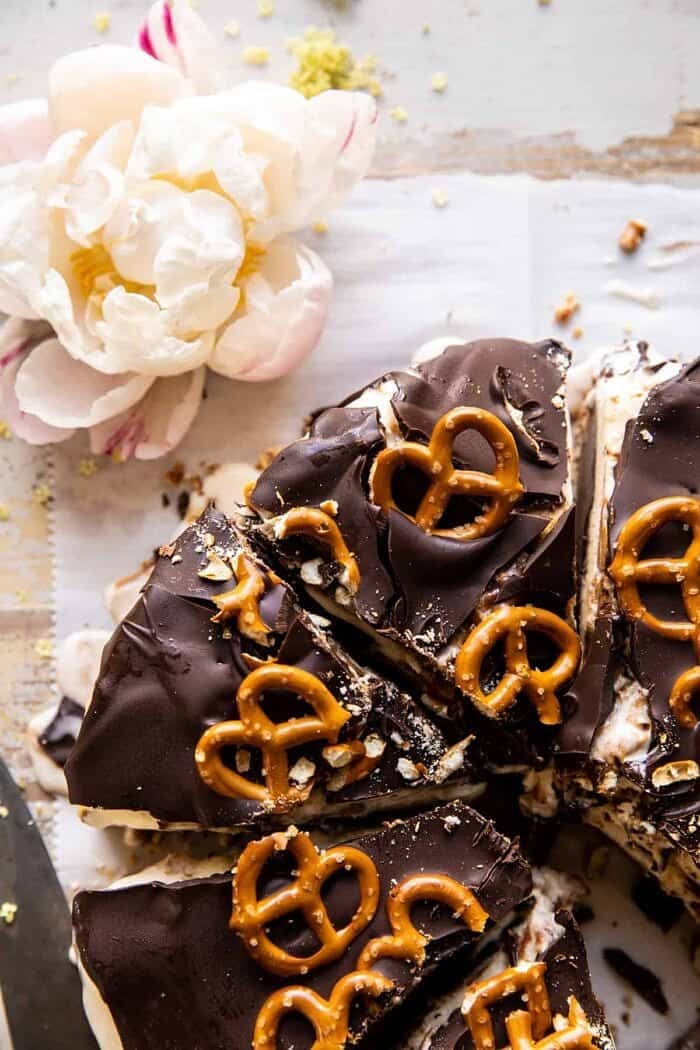 overhead close up photo of Fudgy Chocolate Peanut Butter Ice Cream Pretzel Cake