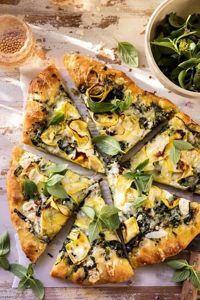 overhead photo of Garden Greens Goddess Pizza 