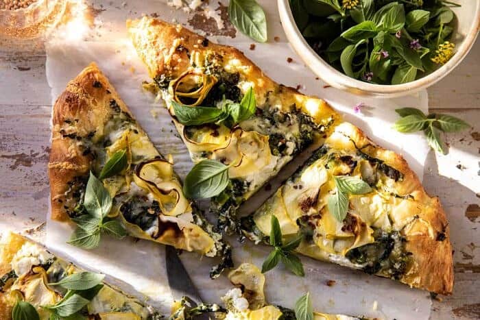 overhead horizontal photo of Garden Greens Goddess Pizza 