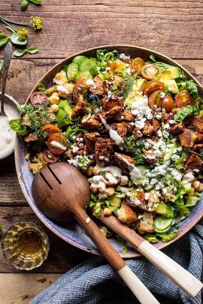Greek Chicken Chopped Salad with Lemon Tahini Vinaigrette | halfbakedharvest.com overhead photo of Greek Chicken Chopped Salad with Lemon Tahini Vinaigrette