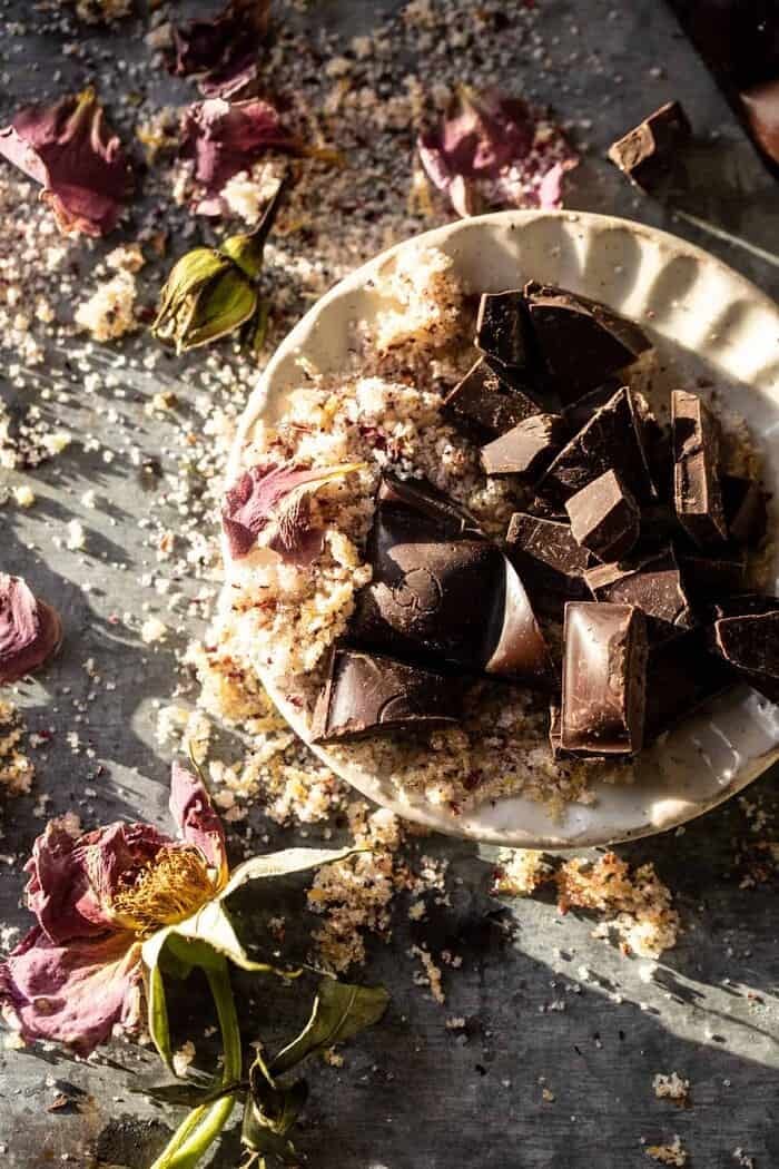 Healthier Dark Chocolate Chunk Oatmeal Cookie Bars | halfbakedharvest.com overhead prep photo of chocolate chunks