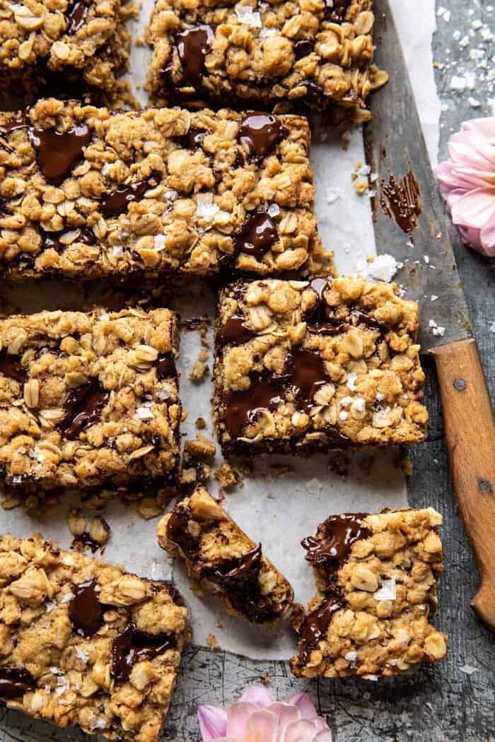 Healthier Dark Chocolate Chunk Oatmeal Cookie Bars | halfbakedharvest.com overhead photo of Healthier Dark Chocolate Chunk Oatmeal Cookie Bars