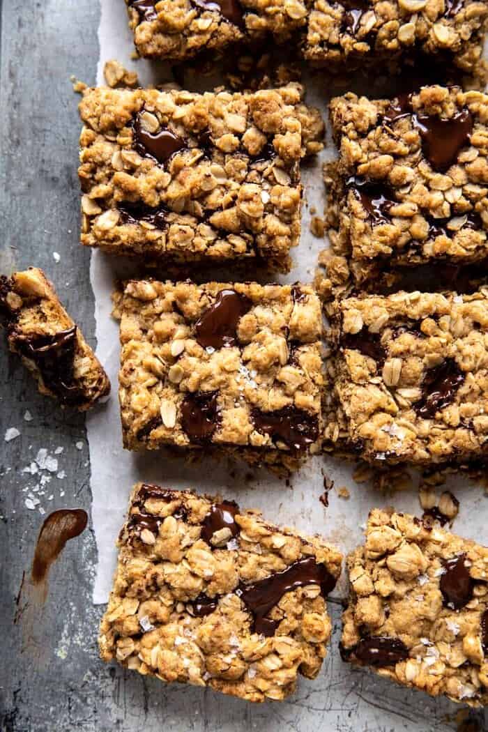 Healthier Dark Chocolate Chunk Oatmeal Cookie Bars | halfbakedharvest.com overhead photo of Healthier Dark Chocolate Chunk Oatmeal Cookie Bars