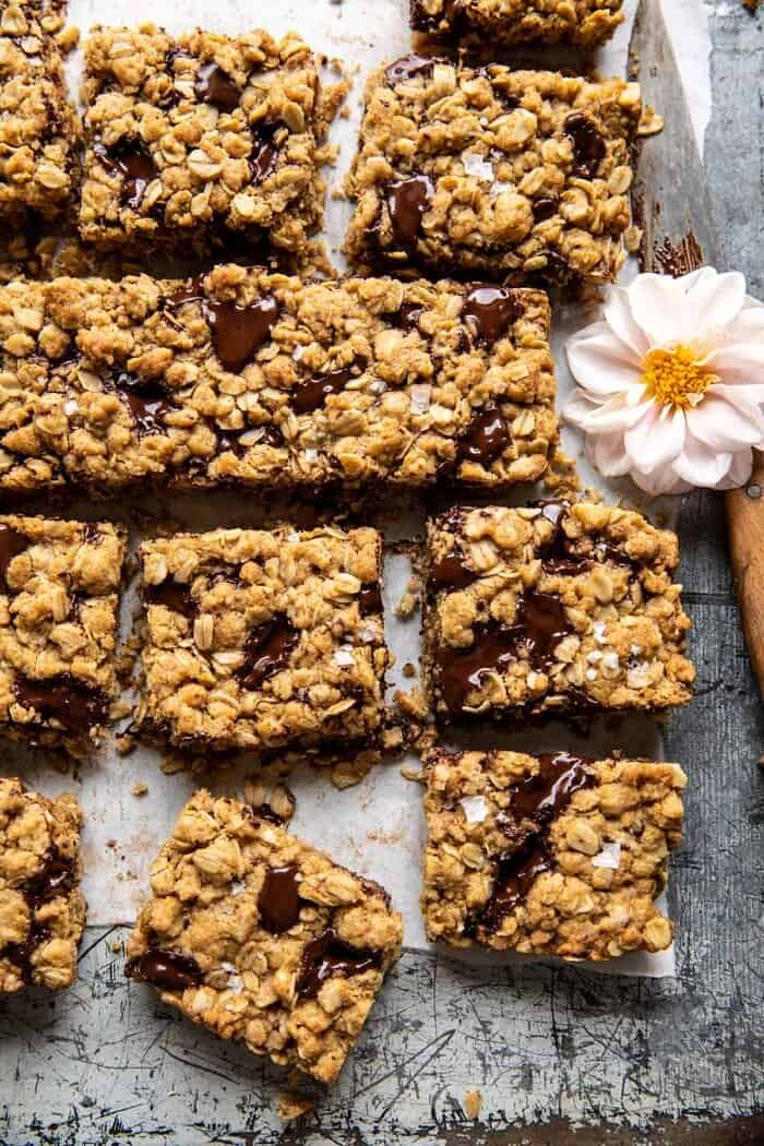 Healthier Dark Chocolate Chunk Oatmeal Cookie Bars | halfbakedharvest.com overhead photo of Healthier Dark Chocolate Chunk Oatmeal Cookie Bars