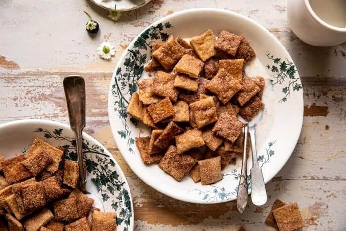 overhead horizontal photo of Homemade Cinnamon Toast Crunch in bowl with milk 