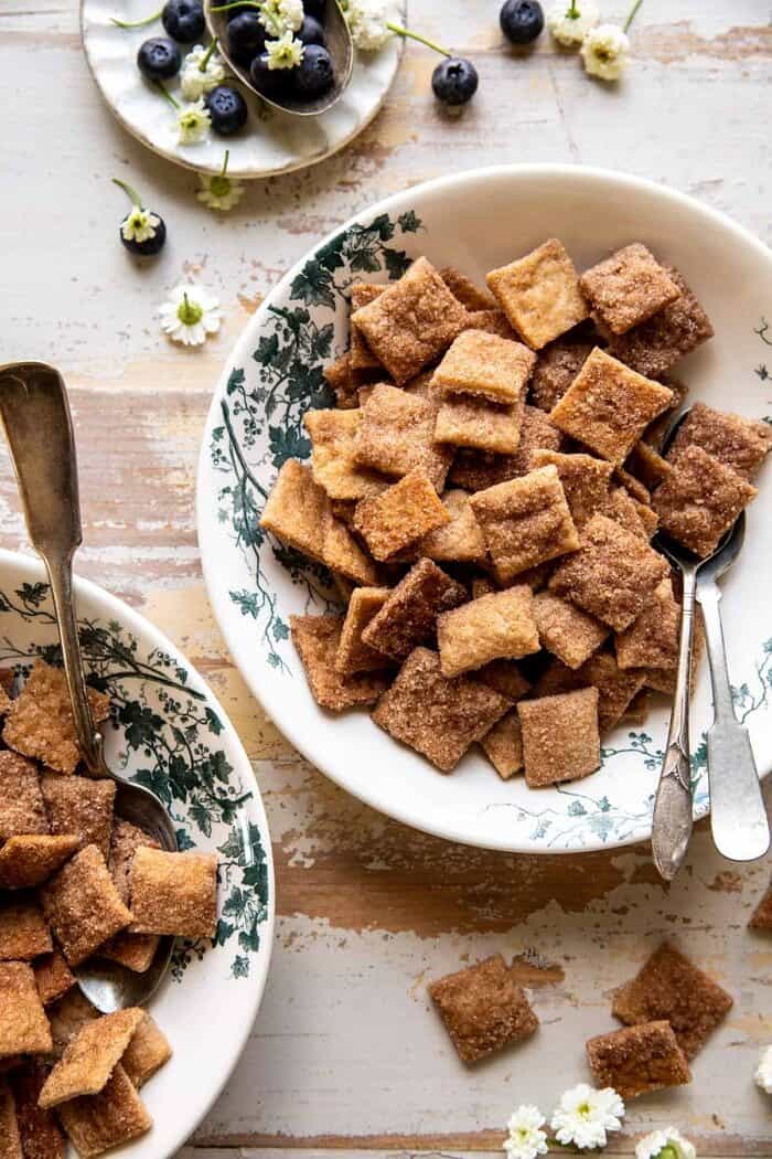 overhead photo of Homemade Cinnamon Toast Crunch in cereal bowl before adding milk 