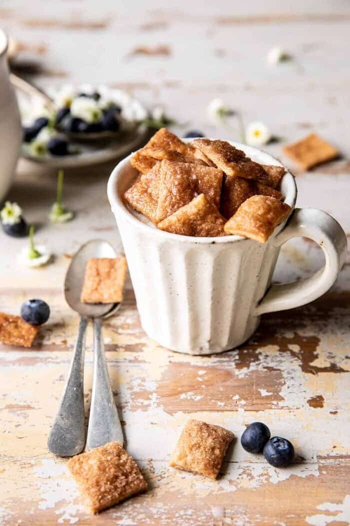 side angled photo of Homemade Cinnamon Toast Crunch in coffee mug