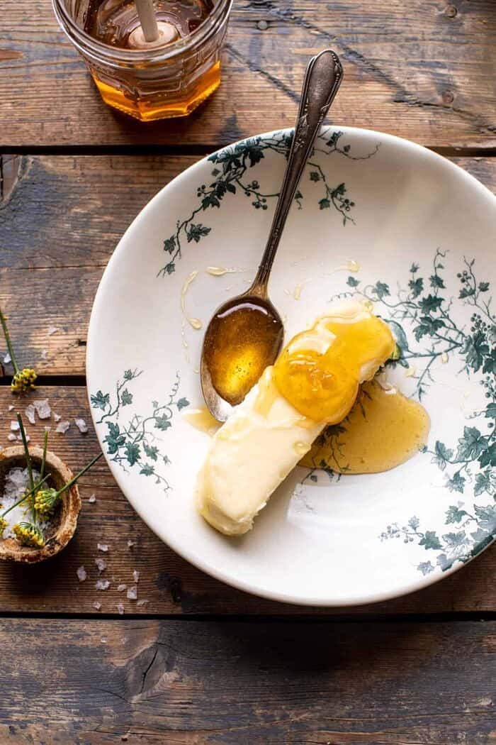 Layered Jalapeño Cheddar Biscuits with Salted Honey Butter | halfbakedharvest.com overhead photo of Layered Jalapeño Cheddar Biscuits with Salted Honey Butter