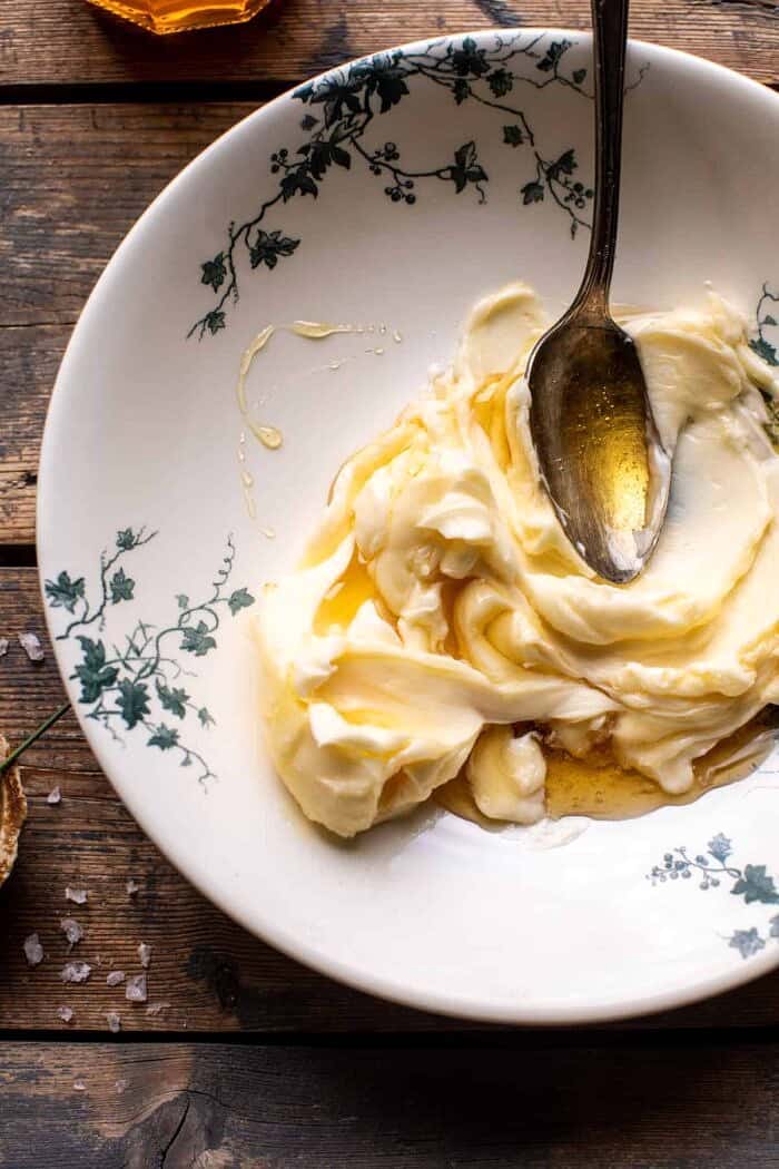 Layered Jalapeño Cheddar Biscuits with Salted Honey Butter | halfbakedharvest.com overhead photo of Salted Honey Butter