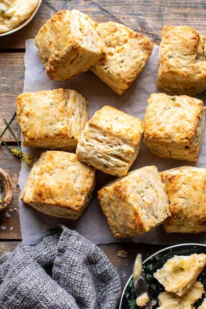 Layered Jalapeño Cheddar Biscuits with Salted Honey Butter | halfbakedharvest.com overhead photo of Layered Jalapeño Cheddar Biscuits with Salted Honey Butter
