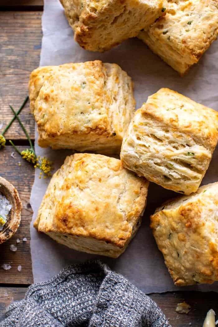 Layered Jalapeño Cheddar Biscuits with Salted Honey Butter | halfbakedharvest.com overhead close up photo of Layered Jalapeño Cheddar Biscuits with Salted Honey Butter