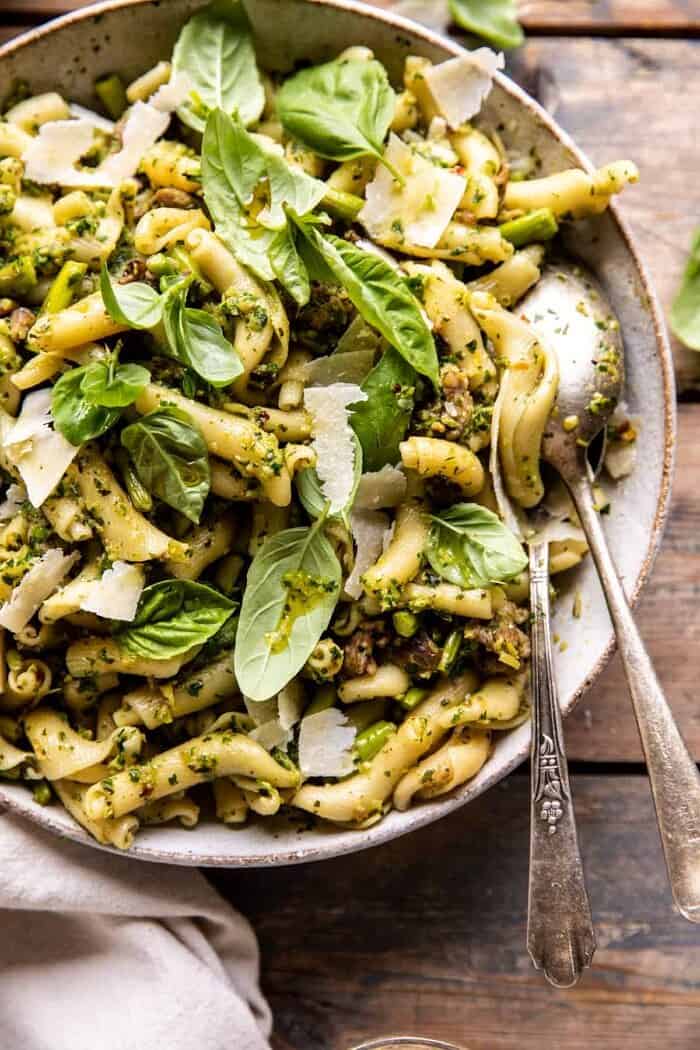 overhead close up photo of One Pot Lemon Basil, Asparagus, and Sausage Pasta