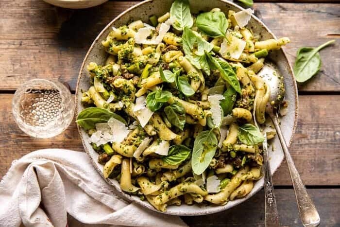 overhead horizontal photo of One Pot Lemon Basil, Asparagus, and Sausage Pasta