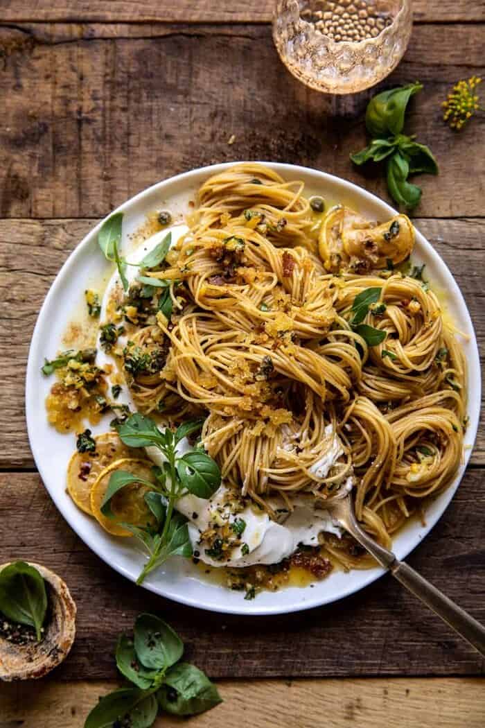 overhead photo of 20 Minute Lemon Butter Pasta with Ricotta and Spicy Breadcrumbs and fork twirled into pasta