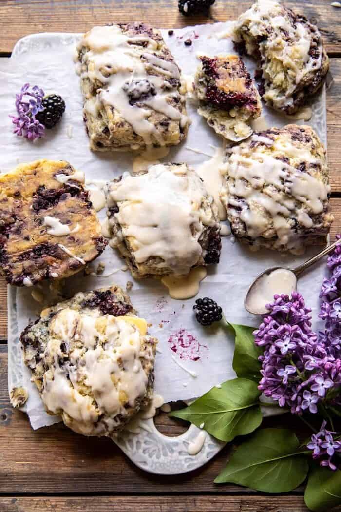 overhead photo of Blackberry Lavender White Chocolate Scones 