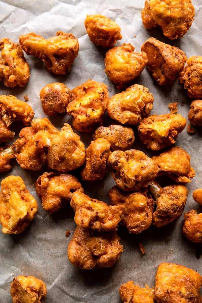 Crispy Beer Battered BBQ Cauliflower Nuggets | halfbakedharvest.com overhead photo of Crispy Beer Battered Cauliflower Nuggets before adding BBQ sauce