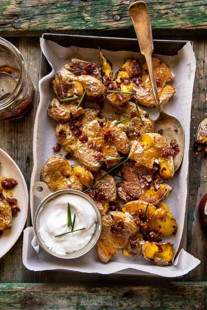 overhead photo of Crispy Smashed Potatoes with Bacon Vinaigrette