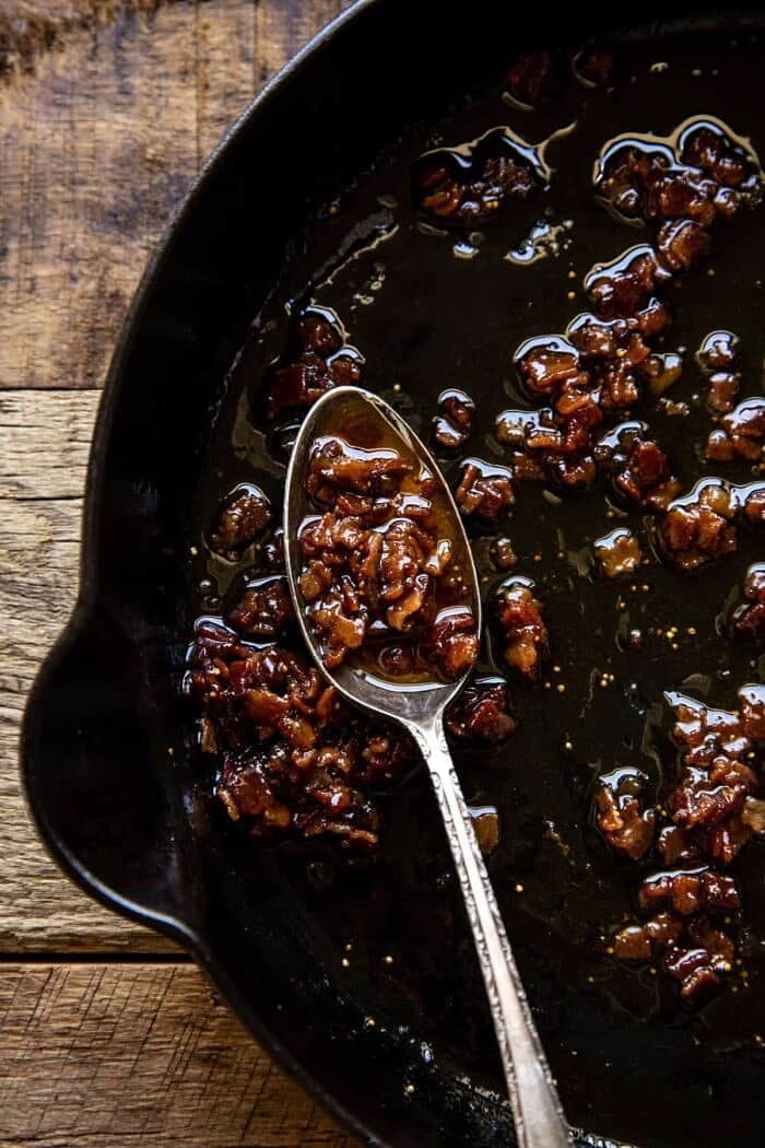 overhead photo of Bacon Vinaigrette in skillet 
