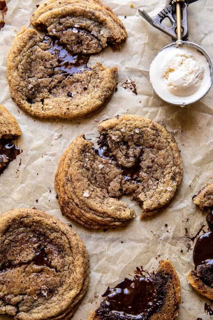 Giant Salted Espresso Hot Fudge Cookies | halfbakedharvest.com overhead photo of Giant Salted Espresso Hot Fudge Cookies