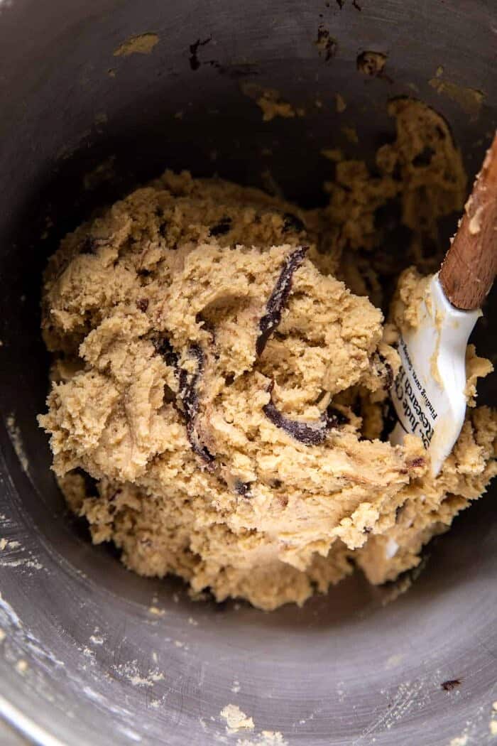 Giant Salted Espresso Hot Fudge Cookies | halfbakedharvest.com overhead prep photo of cookie dough in bowl