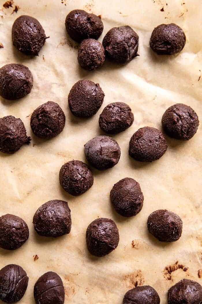 Giant Salted Espresso Hot Fudge Cookies | halfbakedharvest.com overhead prep photo of frozen fudge sauce balls