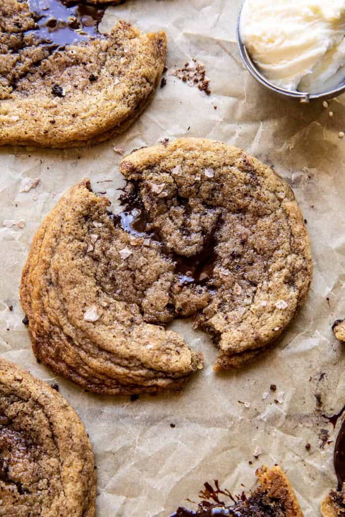 Giant Salted Espresso Hot Fudge Cookies | halfbakedharvest.com overhead close up photo of Giant Salted Espresso Hot Fudge Cookies