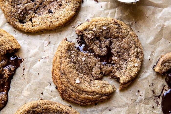 Giant Salted Espresso Hot Fudge Cookies | halfbakedharvest.com overhead horizontal photo of Giant Salted Espresso Hot Fudge Cookies