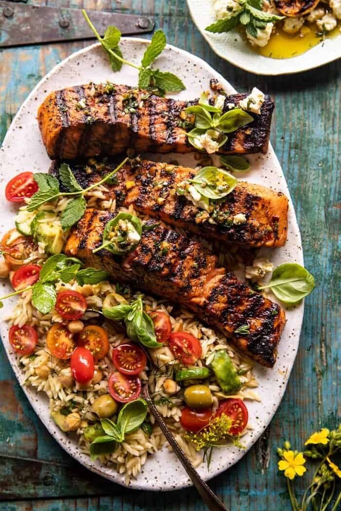 overhead photo of Greek Salmon with Lemon Feta and Orzo Summer Salad