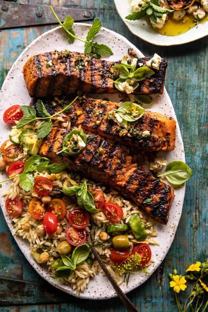 Greek Salmon with Lemon Feta and Orzo Summer Salad | halfbakedharvest.com