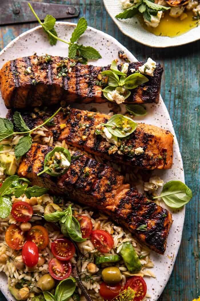 overhead close up photo of Greek Salmon 