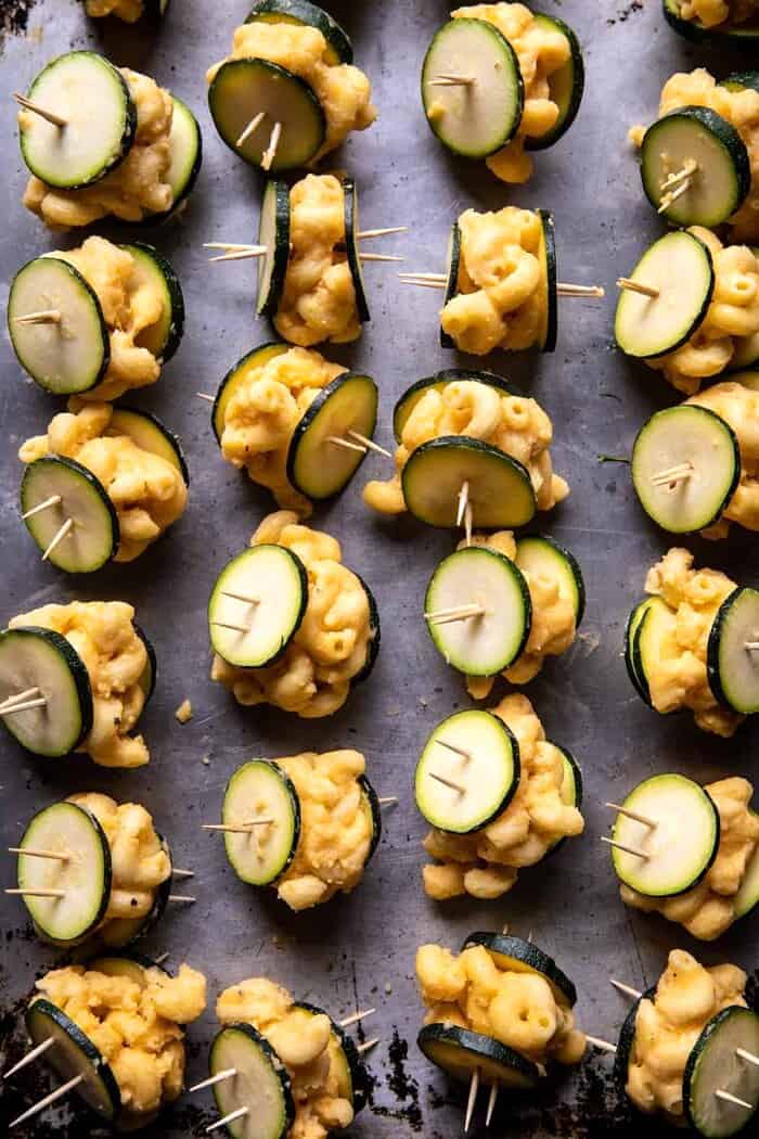 Mac and Cheese Stuffed Oven Fried Zucchini Bites before coating in breadcrumbs