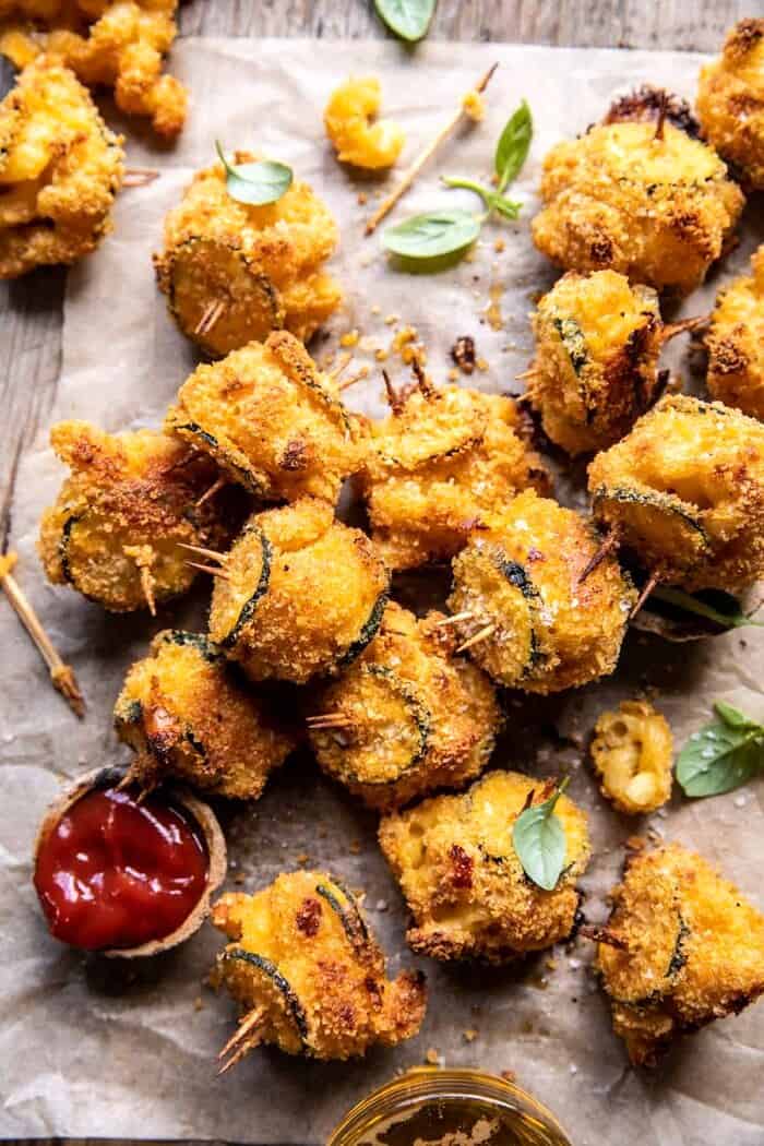 overhead photo of Mac and Cheese Stuffed Oven Fried Zucchini Bites