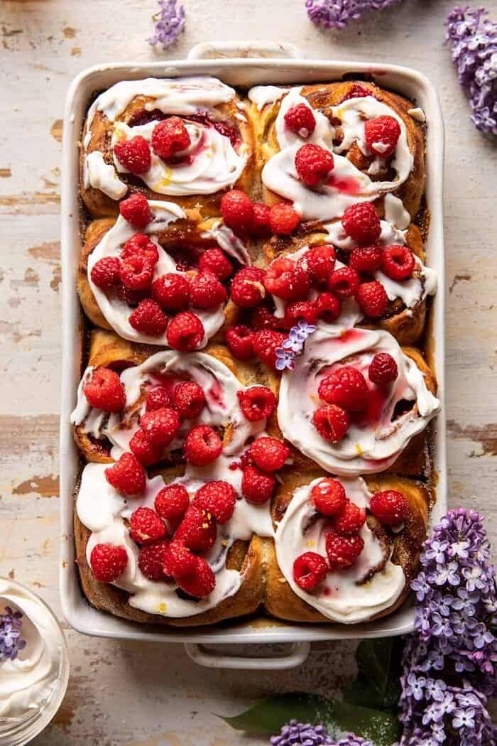 Raspberry Lemon Brioche Rolls with Whipped Ricotta Cream | halfbakedharvest.com overhead photo of Raspberry Lemon Brioche Rolls with Whipped Ricotta Cream in baking pan