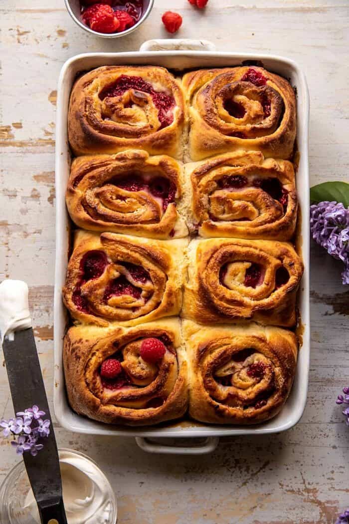 Raspberry Lemon Brioche Rolls with Whipped Ricotta Cream | halfbakedharvest.com overhead photo of Raspberry Lemon Brioche Rolls before adding cream