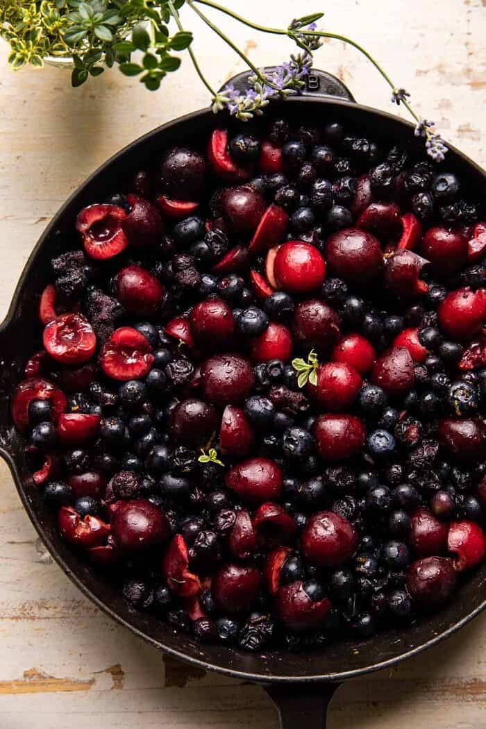 Skillet Blueberry Bourbon Pandowdy | halfbakedharvest.com overhead photo of Skillet Blueberry Bourbon Pandowdy before adding the crust and before baking