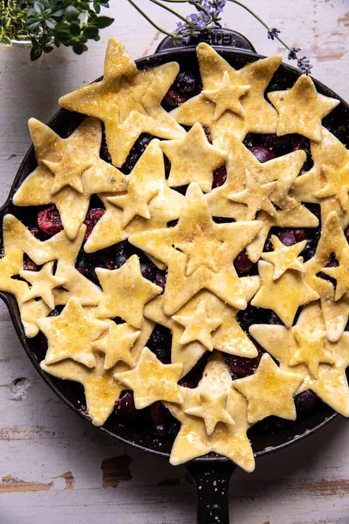 Skillet Blueberry Bourbon Pandowdy | halfbakedharvest.com overhead photo of Skillet Blueberry Bourbon Pandowdy before baking
