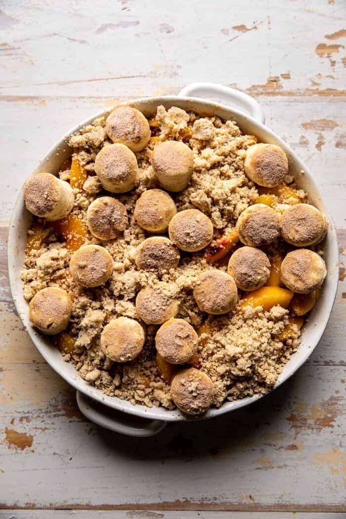 Southern Double Crusted Cinnamon Sugar Peach Cobbler | halfbakedharvest.com overhead photo of Southern Double Crusted Cinnamon Sugar Peach Cobbler befoew baking