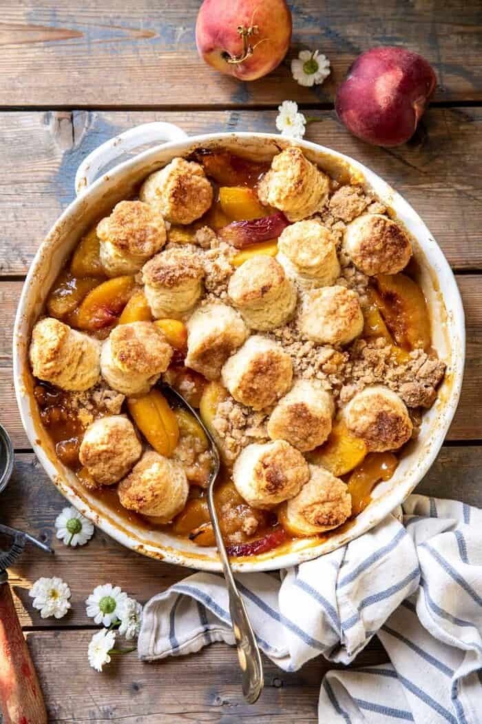 Southern Double Crusted Cinnamon Sugar Peach Cobbler | halfbakedharvest.com overhead photo of Southern Double Crusted Cinnamon Sugar Peach Cobbler