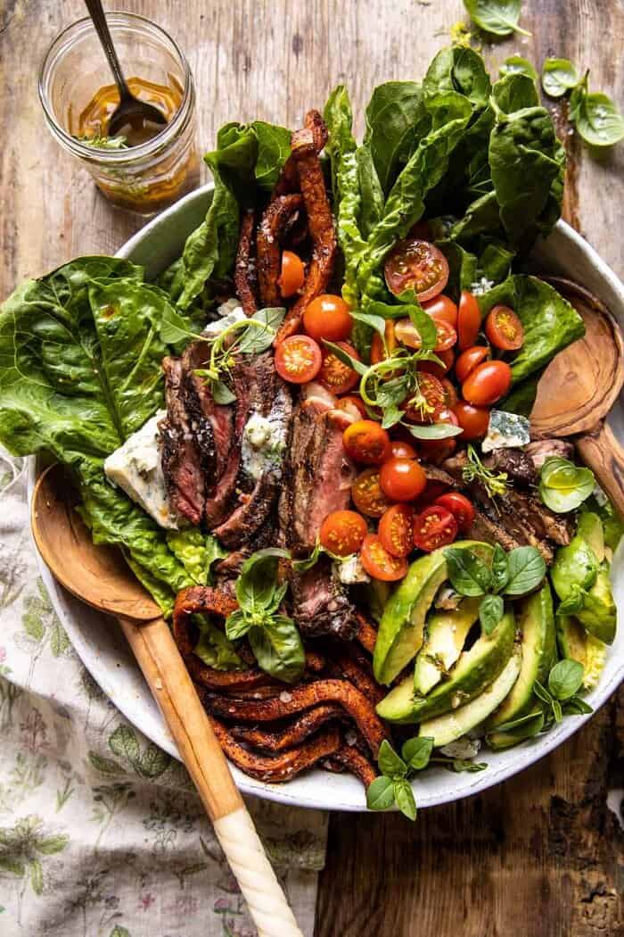 Sweet Potato Fry Steak Salad with Blue Cheese Butter | halfbakedharvest.com overhead photo of Sweet Potato Fry Steak Salad with Blue Cheese Butter