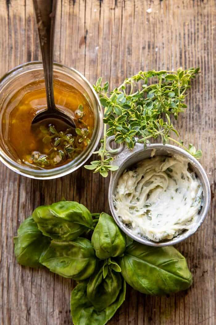 Sweet Potato Fry Steak Salad with Blue Cheese Butter | halfbakedharvest.com prep photo of vinaigrette and Blue Cheese Butter