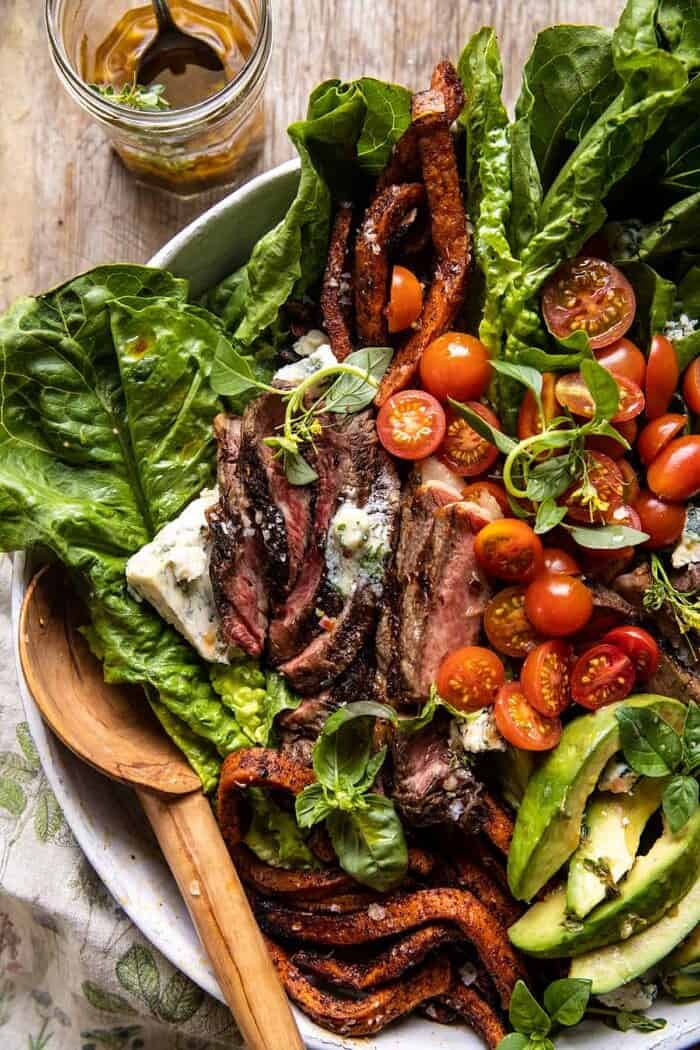 Sweet Potato Fry Steak Salad with Blue Cheese Butter | halfbakedharvest.com overhead close up photo of Sweet Potato Fry Steak Salad with Blue Cheese Butter