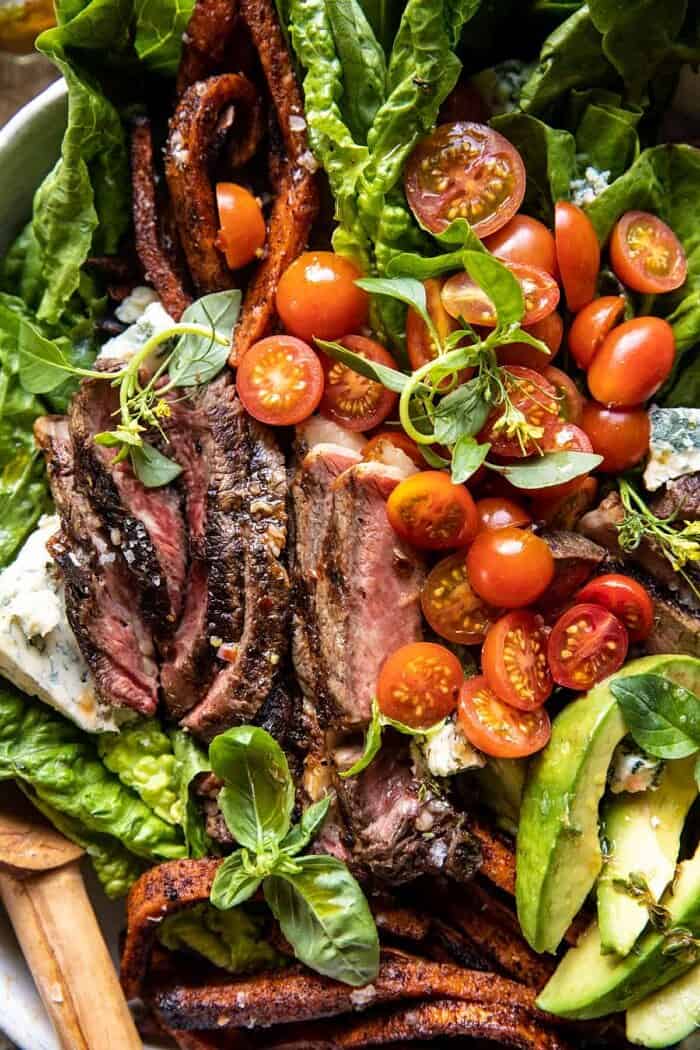 Sweet Potato Fry Steak Salad with Blue Cheese Butter | halfbakedharvest.com overhead close up photo of Sweet Potato Fry Steak Salad with Blue Cheese Butter