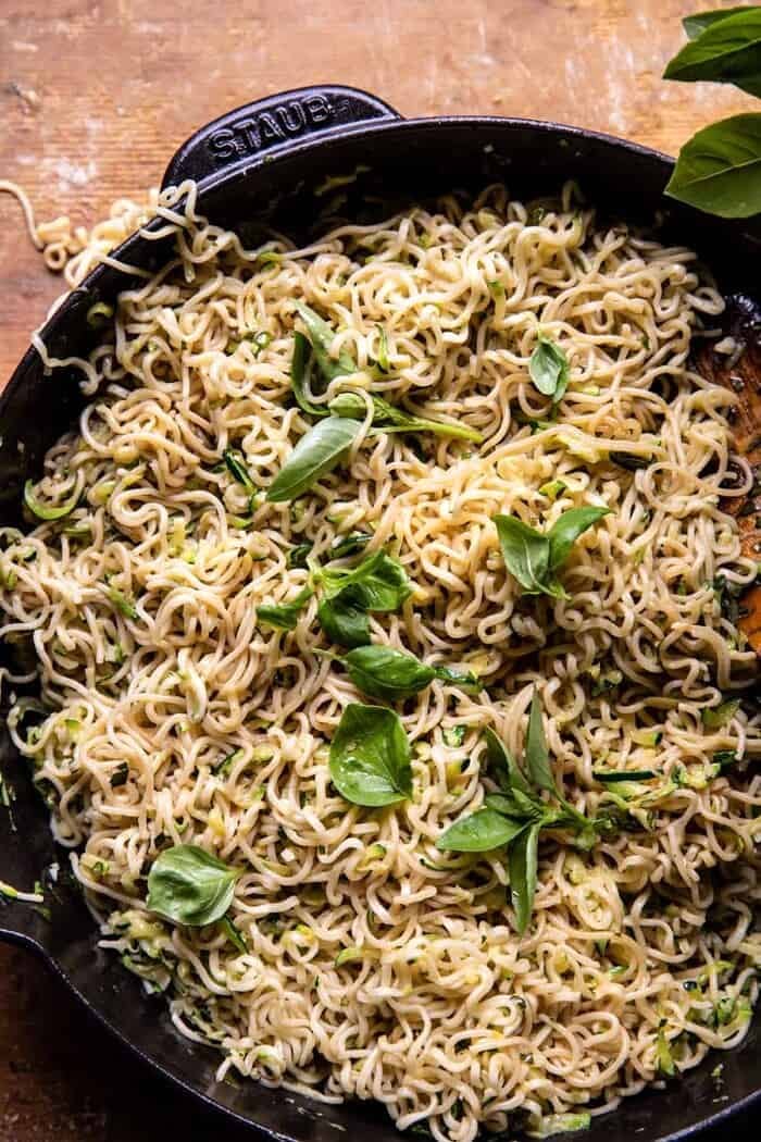 overhead photo of 15 Minute Garlic Butter Ramen Noodles in skillet 