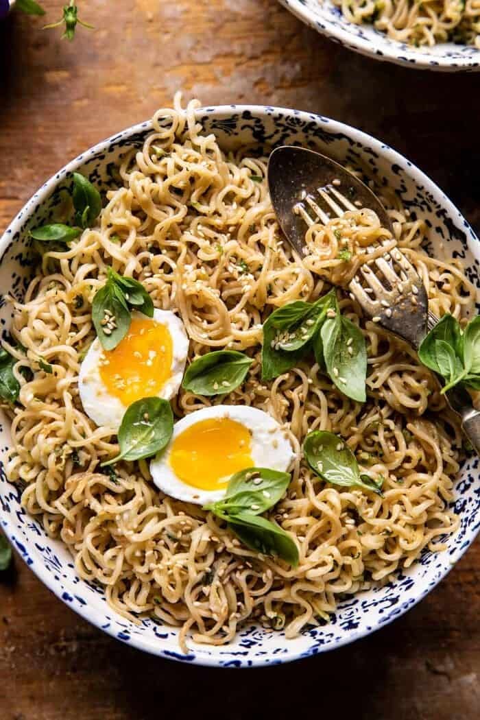 overhead close up photo of 15 Minute Garlic Butter Ramen Noodles with egg